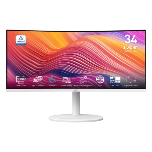 MSI - 34" Modern MD342CQPW Curved Gaming Monitor, VA, 1mc, 120hz, UWQHD (3440x1440), HDMI+DP+TypeC, Speaker, HAS, White